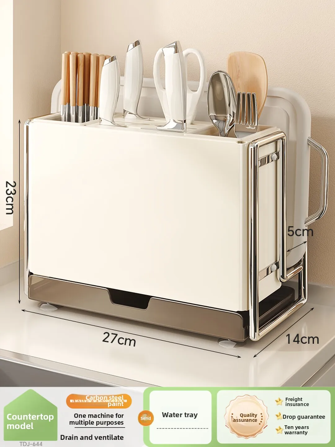 Knife Rack Countertop Organizer with Chopstick Holders Cutting Board Slot Drain Holes Magnetic Parts Suction Feet Kitchen Use