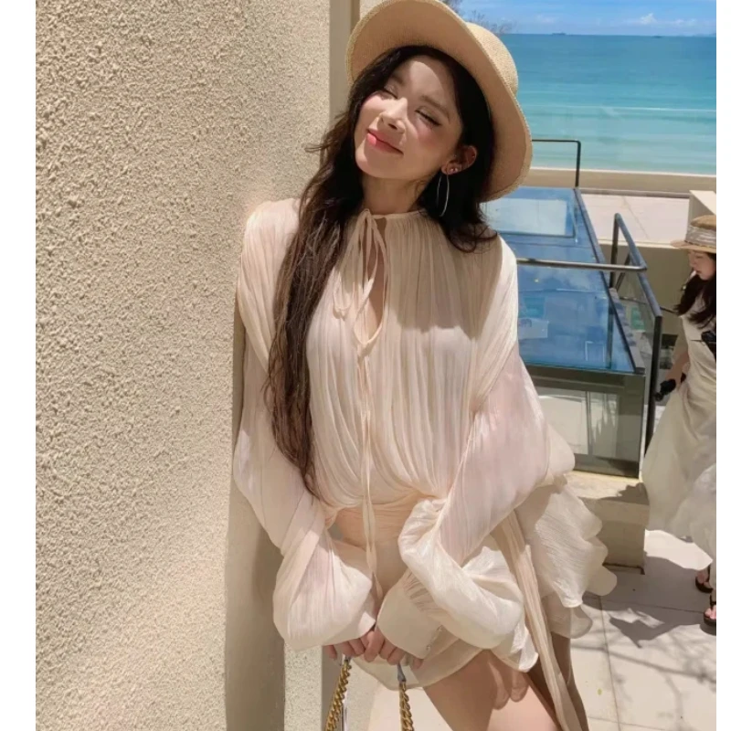 

Neck Long Sleeve Mini Dress Women Solid Color Lace Up Spliced Sweet Style Fashion Dress Female Outfits