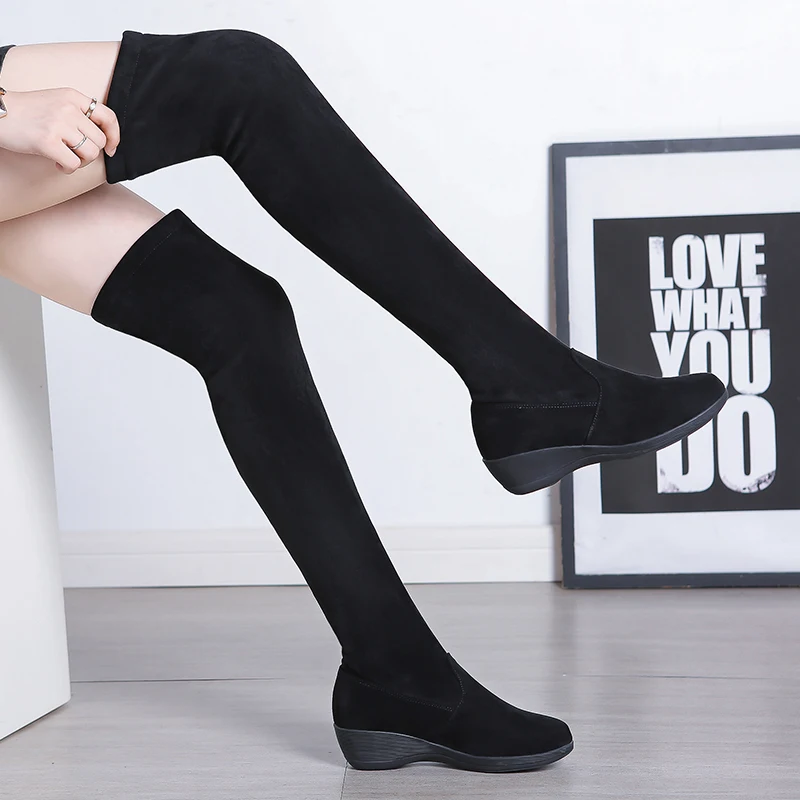 Black Long Boots Thick Calf Women Winter Shoes Round Toe Over the Knee Boots Women Women's Platform Fleece Elastic Over-the-knee