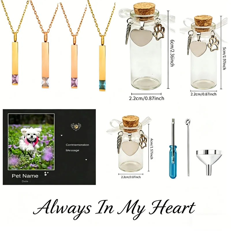 

Custom Engraved Pet Cremation Jewelry Set Personalized Bar Necklace Glass Urn Bottle with Tools for Dog Cat Memorial Keepsake