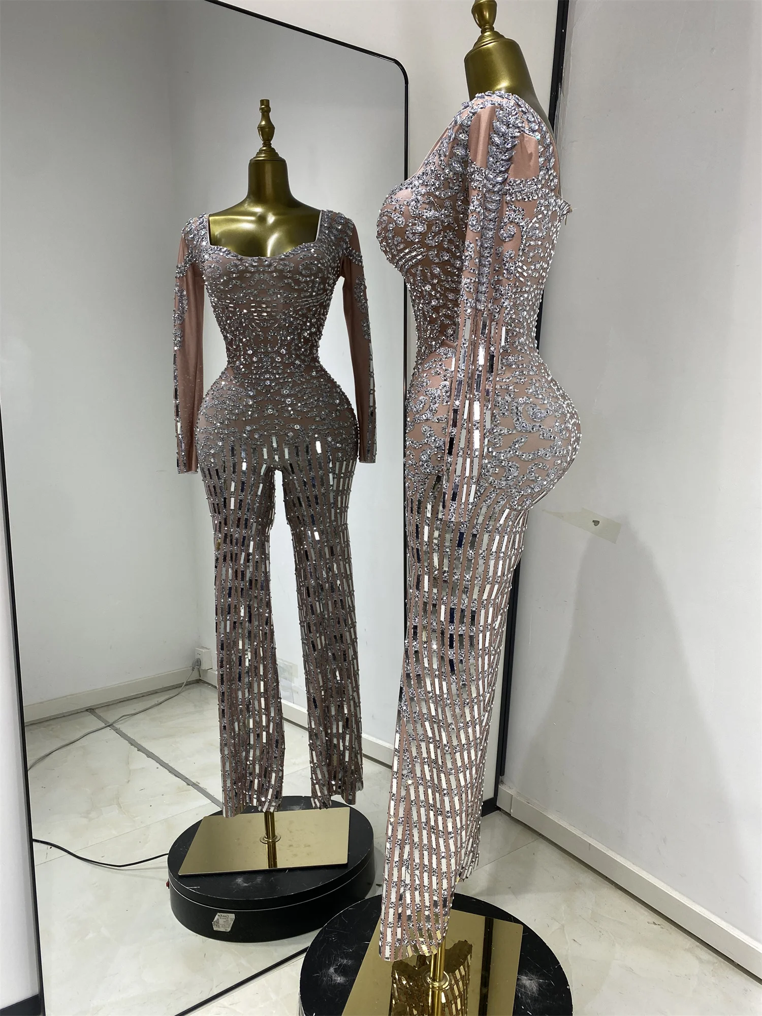 Women Luxury Sparkly Silver Rhinestones Mirror Bodycon Jumpsuits Elegant Square Collar Long Sleeve Wide Pants Shiny Clubwear