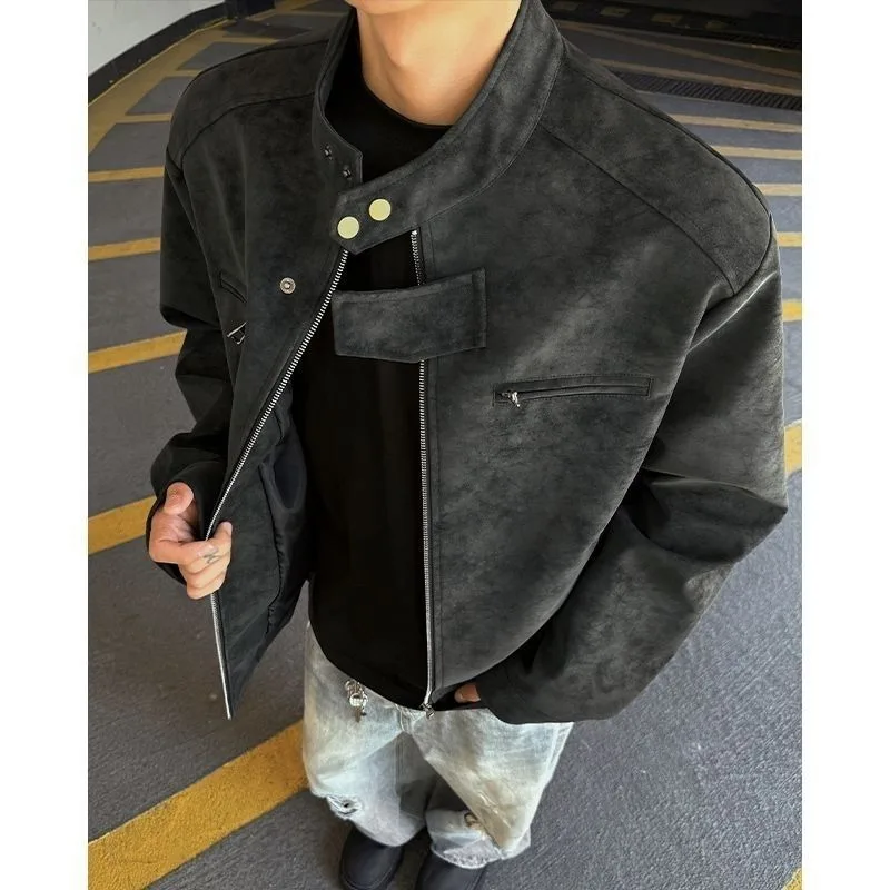 Men's Workwear PU Leather Jacket Dyed Zipper Collar Moto Style Coat Black Grey Oversize Autumn Fashion Outerwear