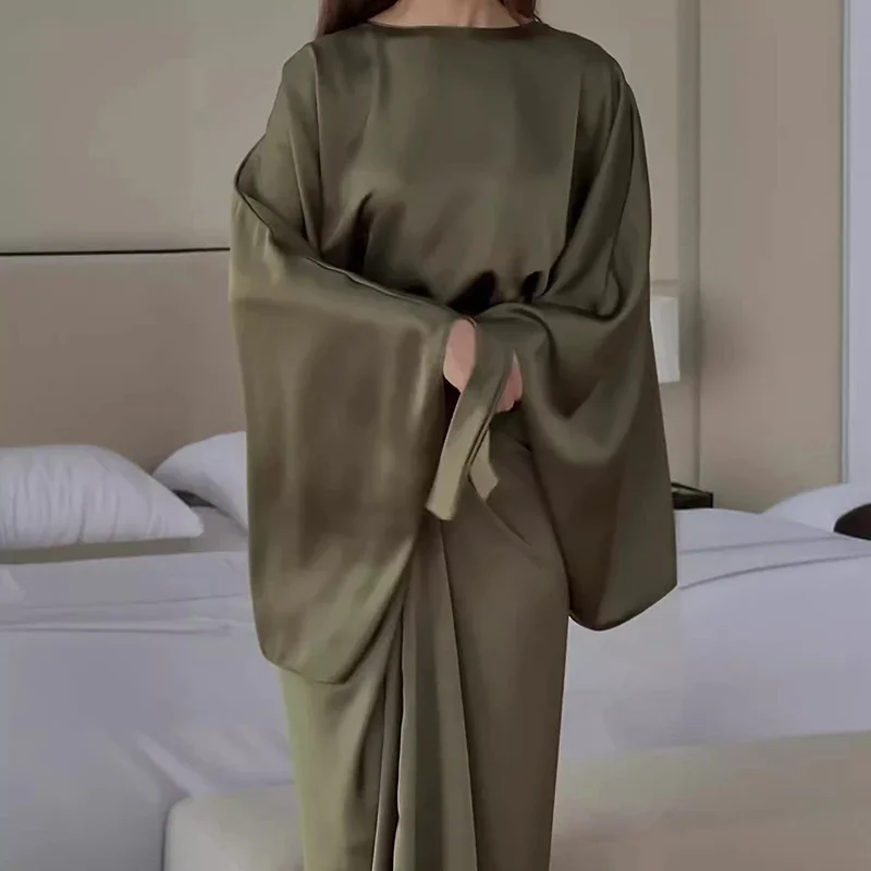Autumn Simple Solid Color Satin Party Dress Casual Women\'s Batwing Sleeve Lace Up Party Dress Elegant Commuter Draped Robe Dress