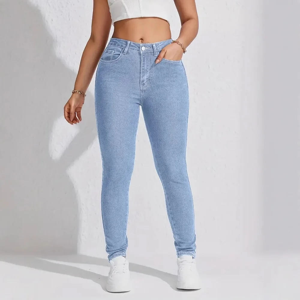 Women High Waist Stretch Denim Jeans Hip Lifting Skinny Pencil Pants Ladies Full Length Slim Solid Color Trousers