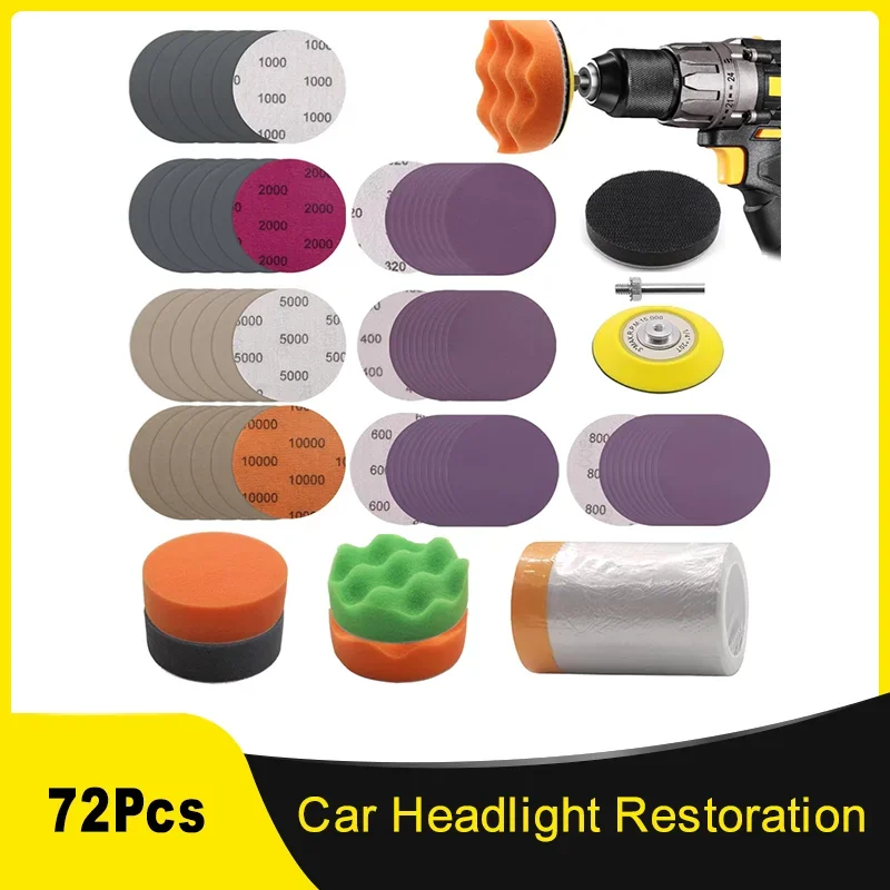 3 Inch Car Headlight Restoration Kit 72 Pcs Assorted Grit 320-10000 with Polishing Pad Backing Pad Interface Pad for Automotive