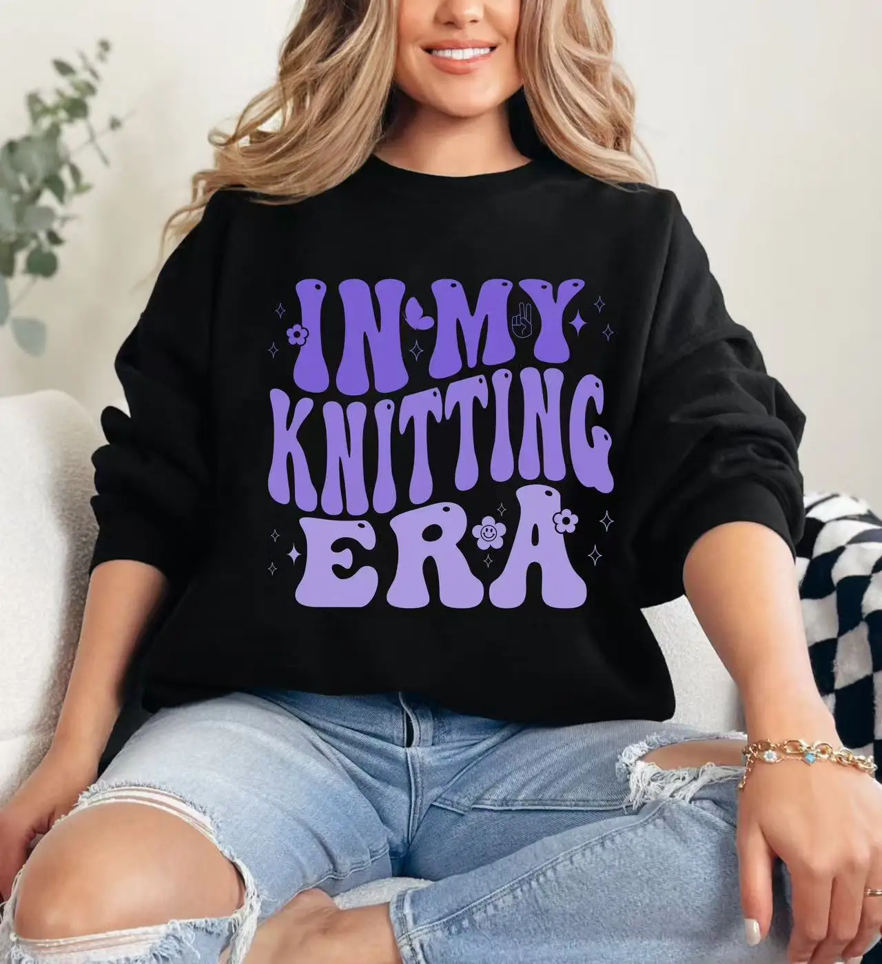 Zwart los sweatshirt met ronde hals en leuke "IN MY KNITTING ERA" letterprint