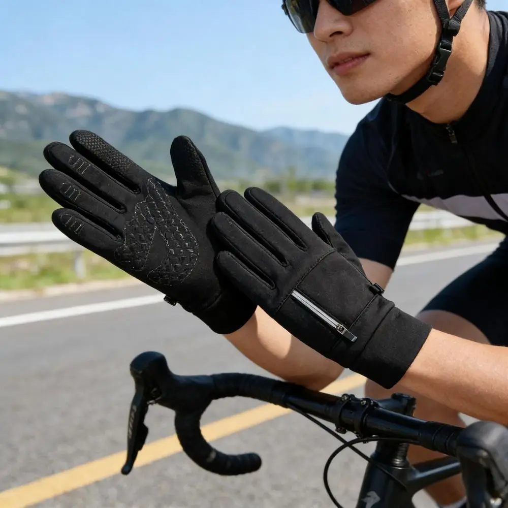 Polyester Winter Cycling Gloves M, L, XL Medium-thick Thermal Full Finger Gloves Wrist Zipper Black Zipper Winter Gloves Cycling