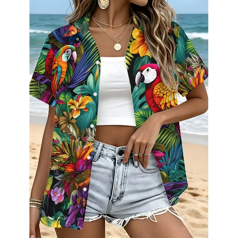 Women'S Short Sleeve Shirt Tropical Parrot Floral Print Casual Fashion Hawaiian Vacation Style Top