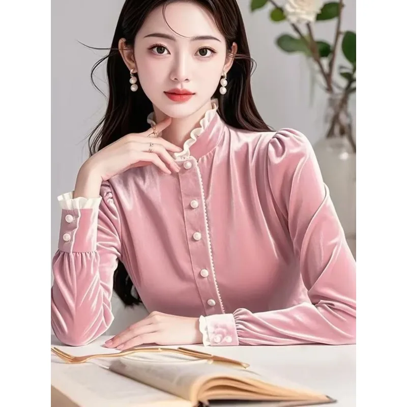 

2025 Long-sleeved Autumn Winter New Style Stand-up Collar Lace Slim Shirt with Western Style Temperament Velvet Shirt Base Top