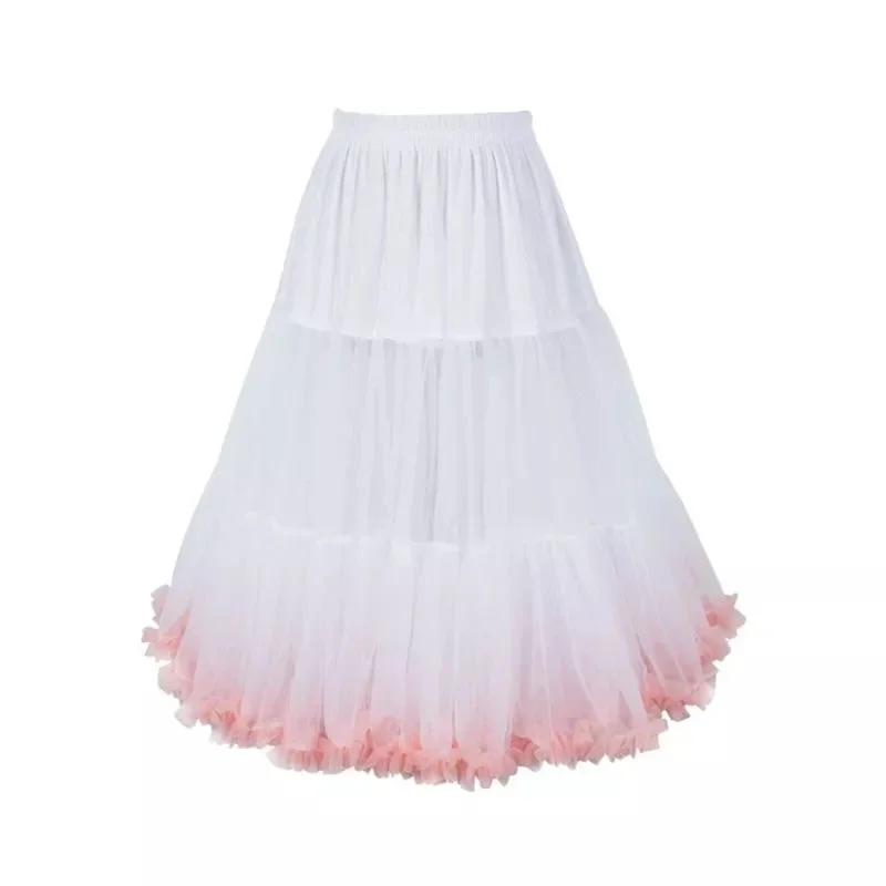 

Women Lolita Candy Cloud Tulle Petticoat Contrast Color Pink Ruffles Puffy Midi Tutu Skirt Hoopless Elastic