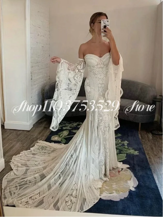 Fashion Mermaid Bridal Dresses Removable Long Sleeve Elegant Lace Embroidery Beach Bohemian Bridal Custom vestidos de fiesta