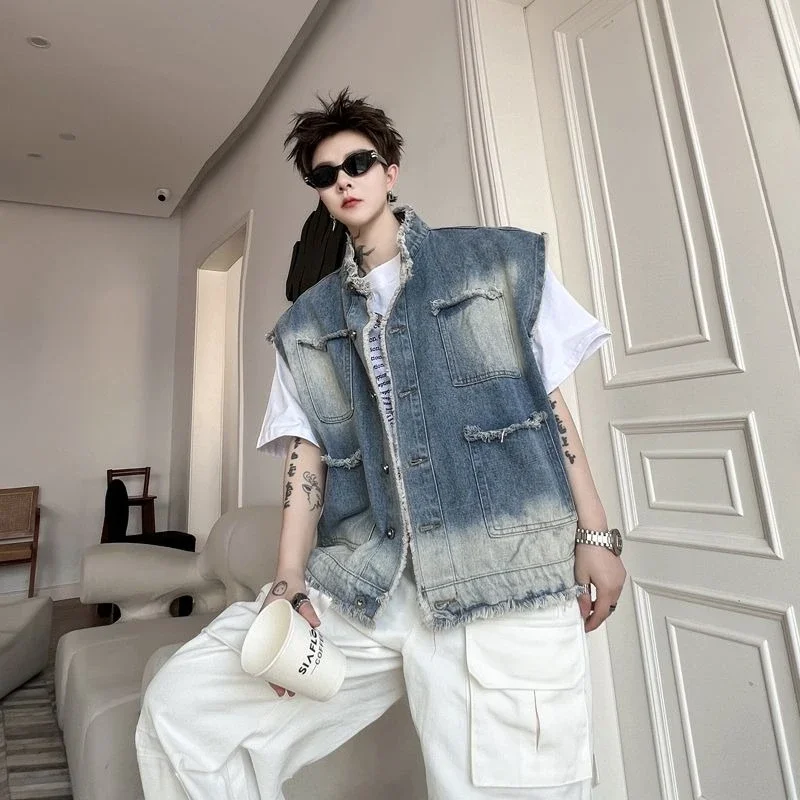 2025 Summer Korean Inspired Vintage Denim Vest for Men Distressed Wash Oversized Boyfriend Jacket with Raw Hem Unisex Design​