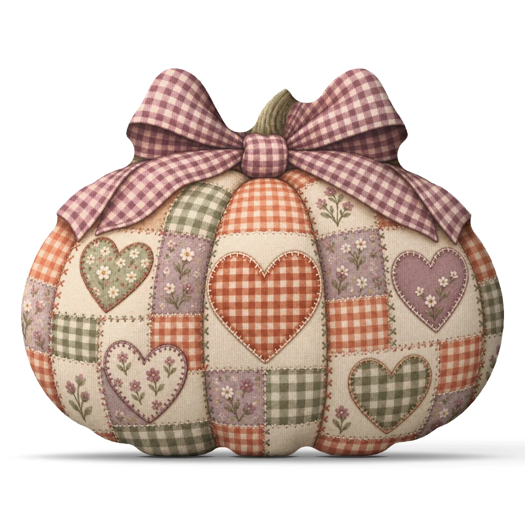 Pumpkin Bow Plush Pillow Cottagecore Gingham Heart Cushion Stuffed Throw Pillow Autumn Home Decor Sofa Accent Rustic Gift