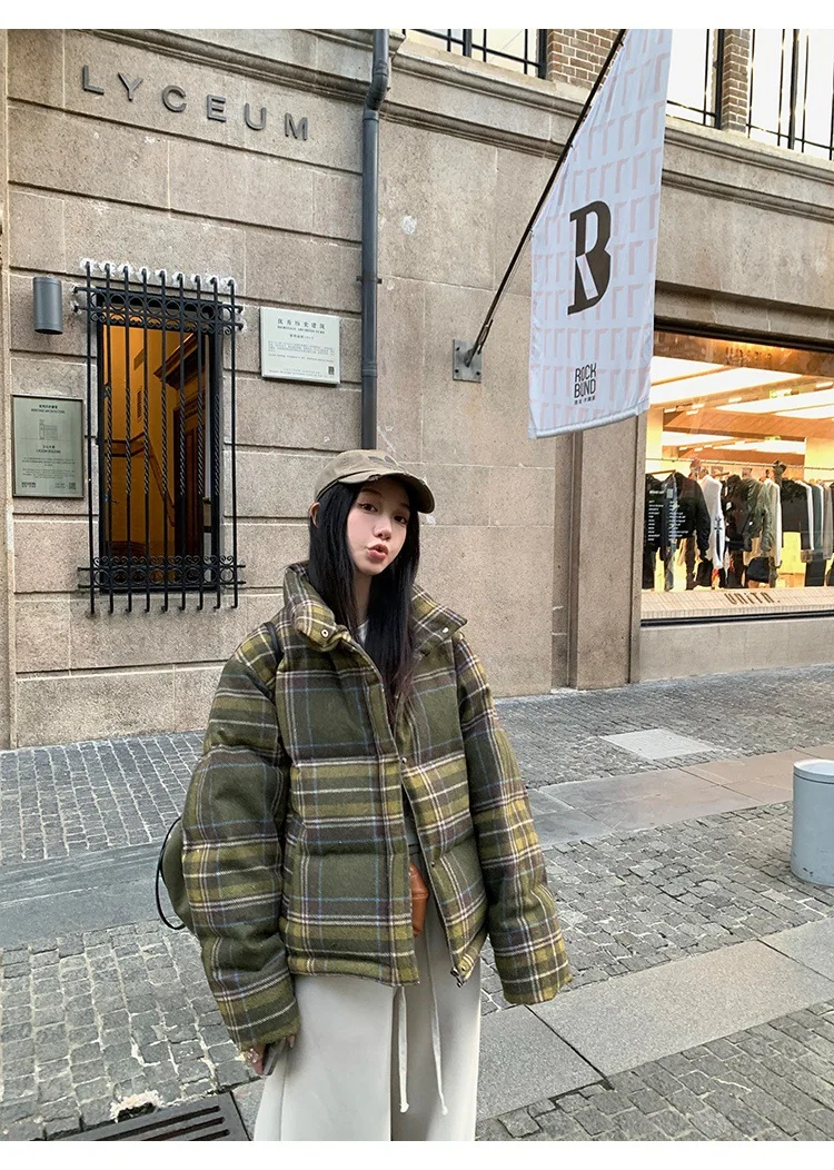 GC Y2K Street Plaid Print Cotton-Padded Jacket Women Winter Thicken Warm Puffy Bread Coat Korean Retro Student Down Cotton Parka