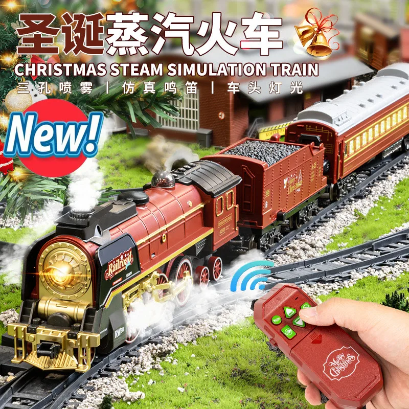 Smoke Simulation Steam Retro Model Train Electric Rail Car 2.4Ghz Remote Control Train Toys With Smokes, Light & Sound