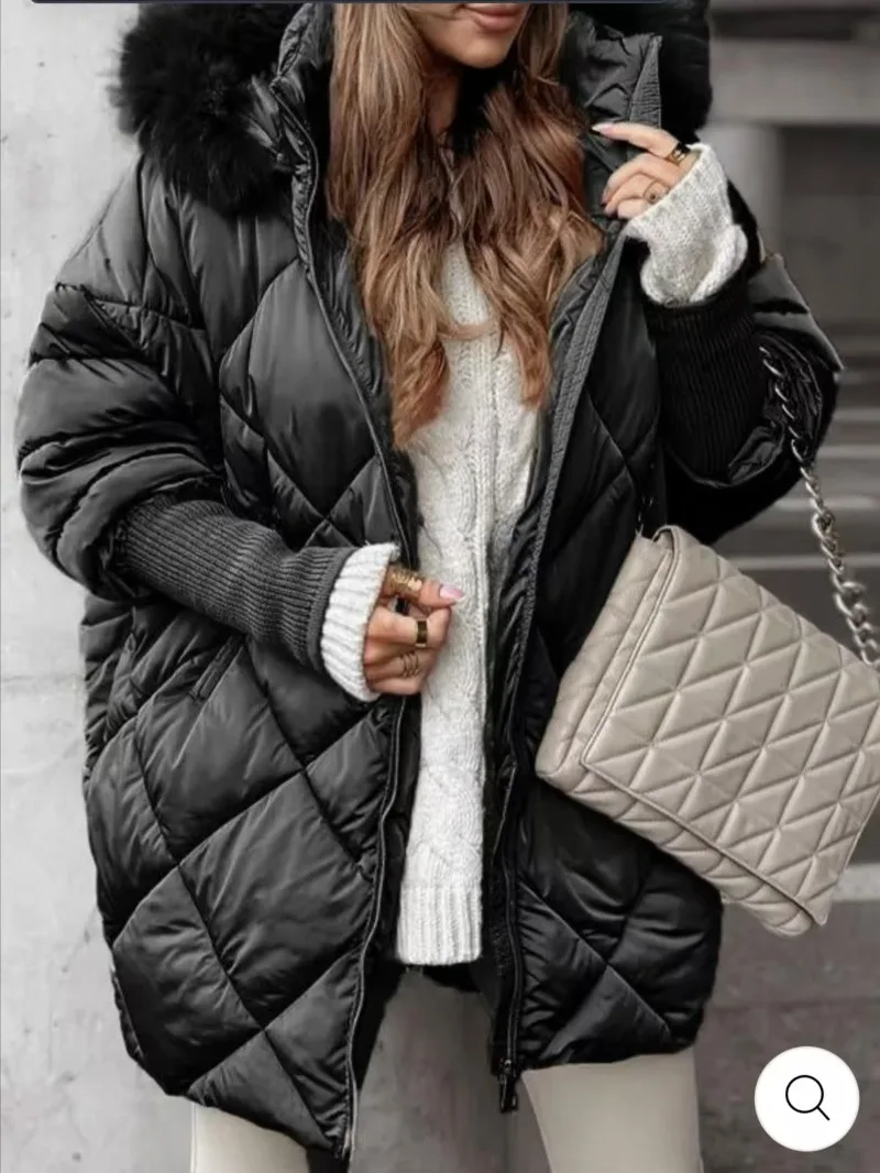 2025 Autumn and Winter Diamond Grid Yarn Splicing Casual and Fashionable Down and Cotton Jacket