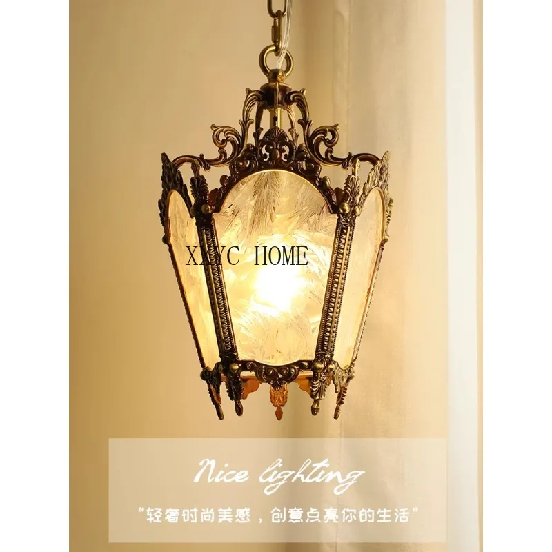 

Retro Copper Iceglass Small Droplight French Style Mid-Ancient Vintage Balcony Aisle Entrance Light