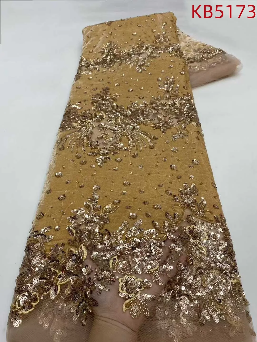 

5 Yards Luxurious African Groom Sequins Lace Fabric High Quality Sequins French Mesh Embroidery Beads Lace For Sewing KB5173