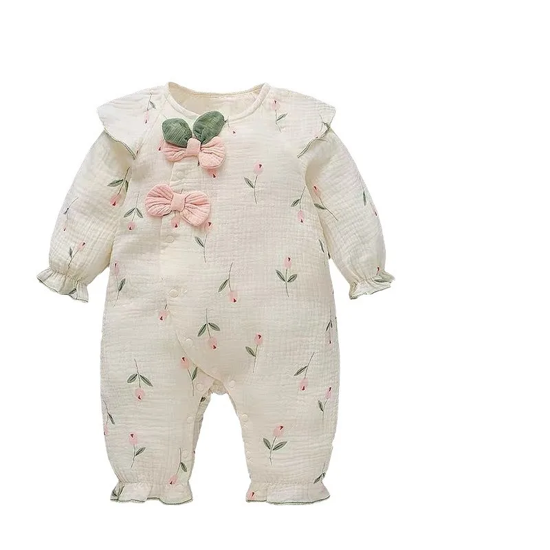 Schattige prinses baby romper met hoed bloemen jumpsuit lange mouw outfit zacht katoen gaas ademend herfst schattige meisjeskleding