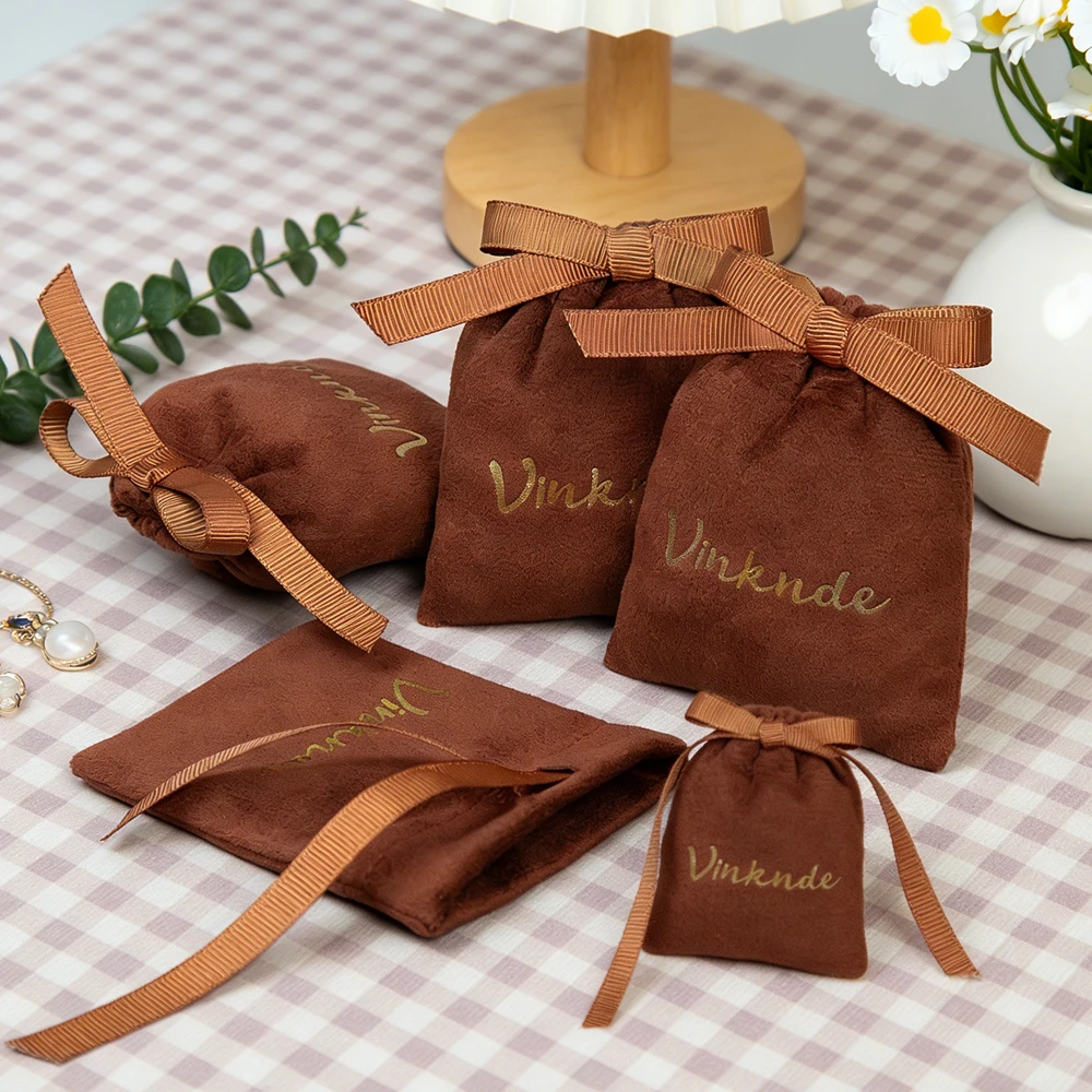 

100pcs Custom Logo Packaging Coffee Velvet Pouch Jewelry Drawstring Bags Luxury Gift Bag For Perfume Cosmetic Oil Earrings Ring