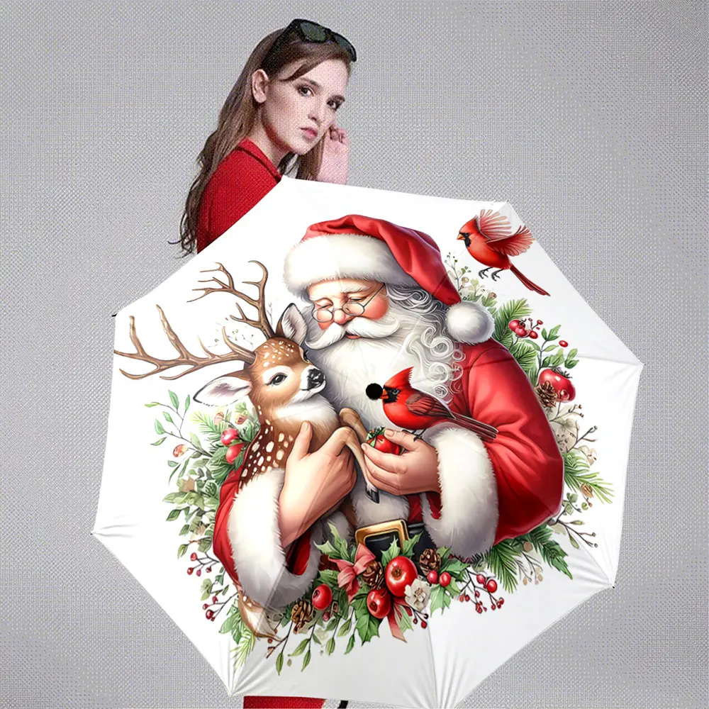 Christmas Santa with Deer and Cardinals Umbrella Print Design Portable Folding Umbrella, Gift for Family And Friends