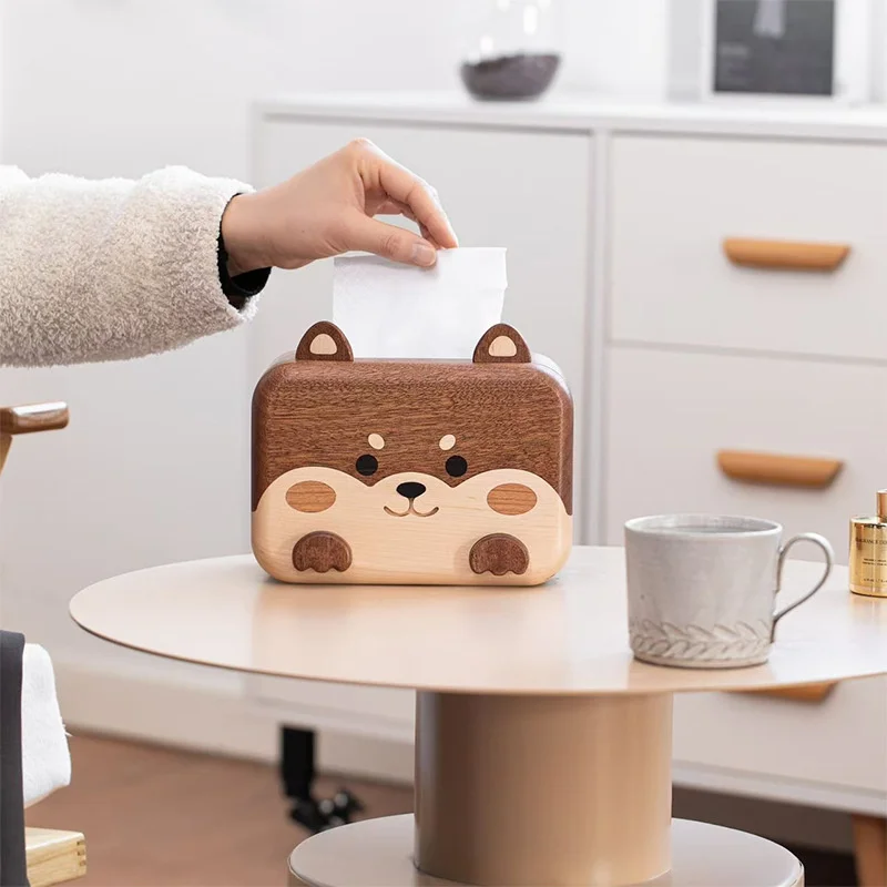 Creativity Cute Dog Solid Wood Multi-Functional Tissue Box Living Room Coffee Table Desktop Ornament Remote Control Pen Storage