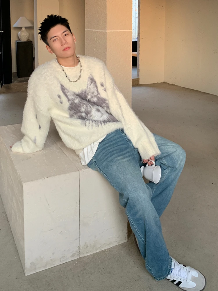 Fluffy Sweaters Men Loose Spring Autumn Outdoor All-match Korean Style Classic Normcore Prevalent O-neck Print Stylish Hip Hop