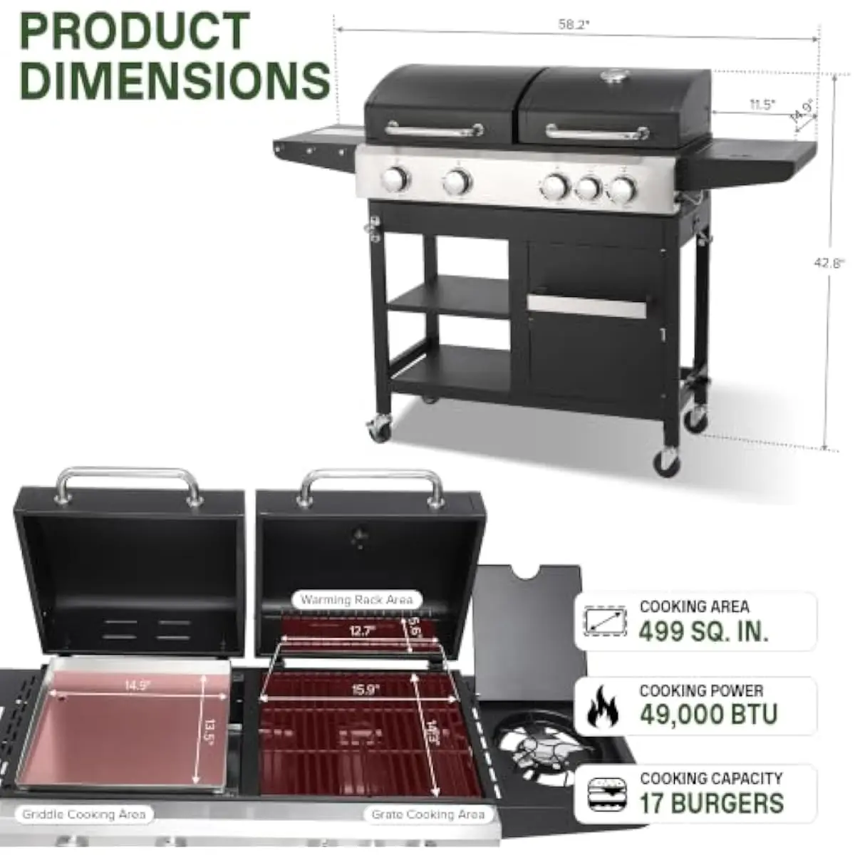 4-Burner Gas Grill Griddle Hybrid with 9000 BTU Side Burner • Porcelain Enamel Grates & Stainless Steel Cooking Surface • Dual G