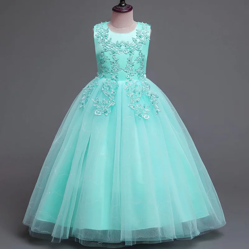 Vestido de princesa de malha fofa infantil, Cintura, Lantejoulas, Sem mangas, Longo, Florista, Festa de Casamento