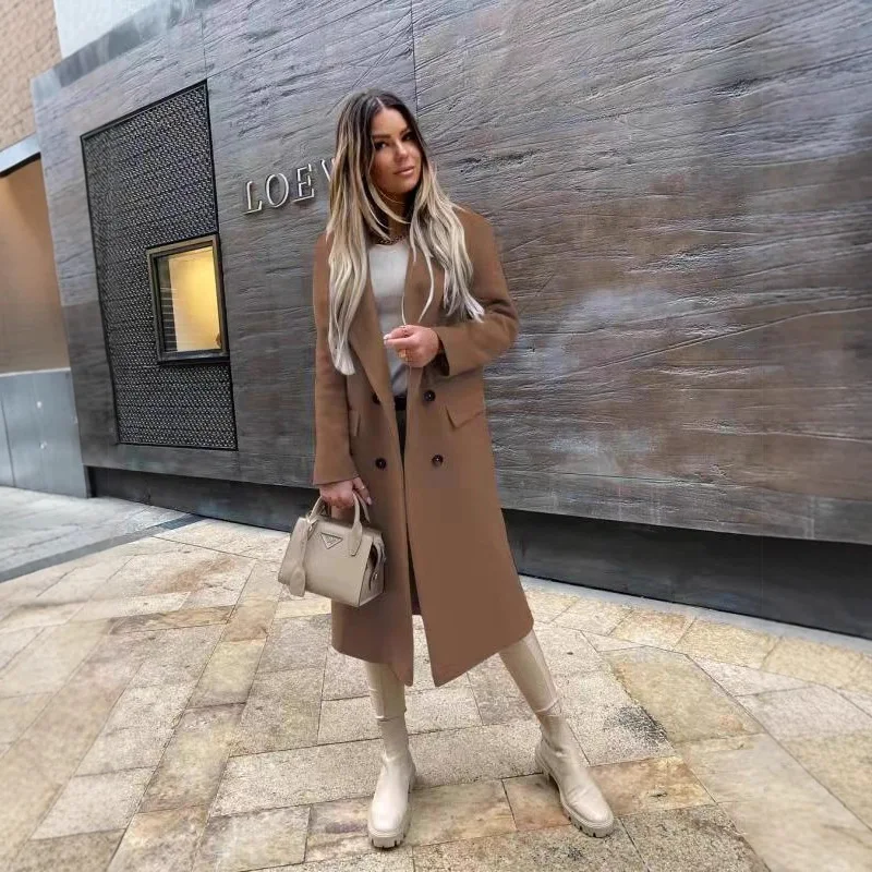 Damen Doppelreihiger Trenchcoat mit Langen Ärmeln und Reverskragen in Maxilänge für Lässigen Winterstil