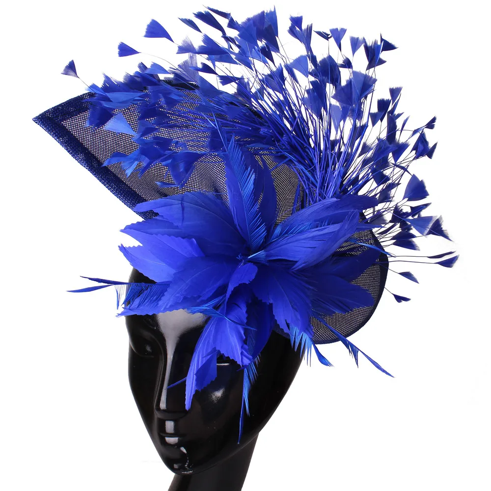 Królewski niebieski wspaniały fascynator kapelusz z klipsami eleganckie damskie fantazyjne pióra ślubne kapelusze ślubne akcesoria do włosów Lady Millinery