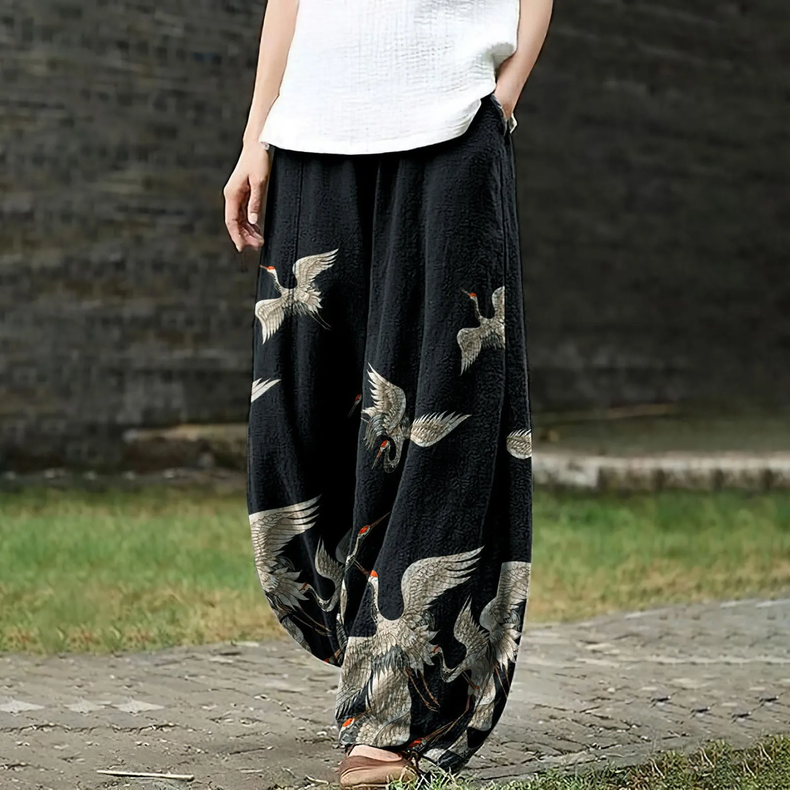 

Retro Oversized Pants Japanese Art Print Women Pocket Loose Casual Pants Floor Slam Pants Female Trousers Streetwear