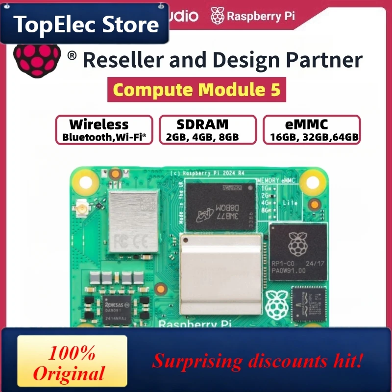 TopElec Official Raspberry Pi Compute Module 5 - 4GB RAM,32GB eMMC,2.4/5.0GHz Wi-Fi & Bluetooth 5.0, CM5102016, CM5104032