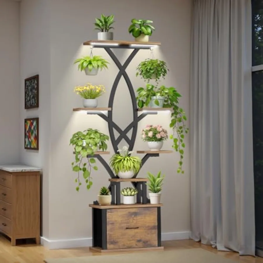 

Indoor plant stand with grow lights: 8-tier metal shelf white finish space-saving corner design with storage drawer and 2 hooks