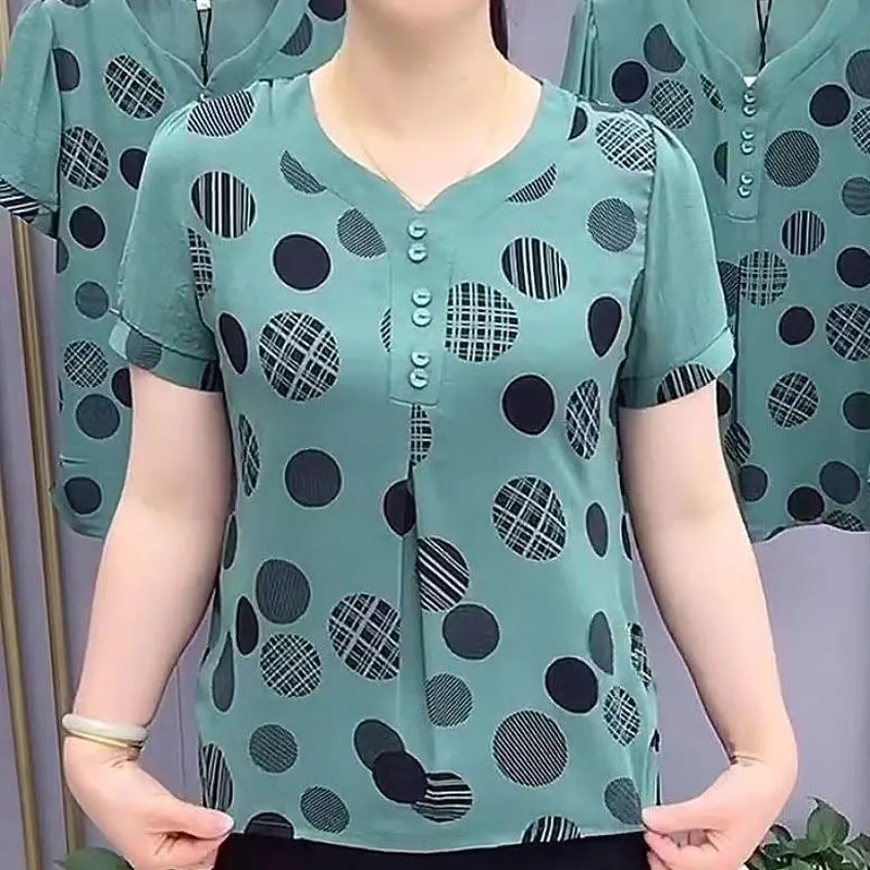 Fashion Polka Dot Printed Blouse Summer Folds Casual V-Neck Women's Clothing Korean Spliced Short Sleeve Button Commute Shirt