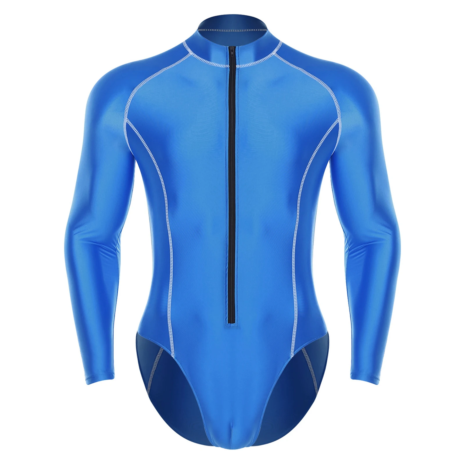 ملابس سباحة رجالي لامعة بدلة سباحة بأكمام طويلة وسحاب أمامي بدلة يوتار لركوب الأمواج على الشاطئ بدلة سباحة للشاطئ