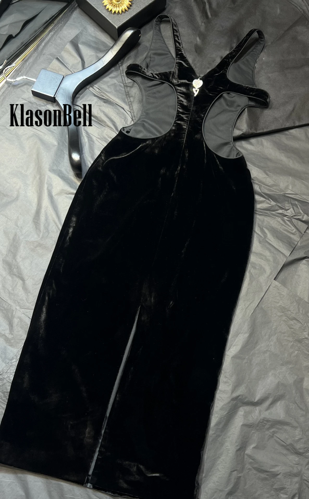 12.5 KlasonBell Silk Velvet Temperament Sexy Suspender Hollow Out Backless Collect Waist Split Party Maxi Dress Women