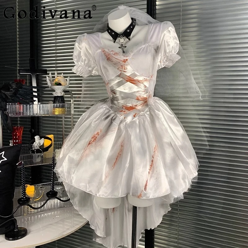 

Japanese Subculture Summer Halloween Dress Female Gothic Style Tube Wear Straps Dress Uniform Party Dress Set for Women