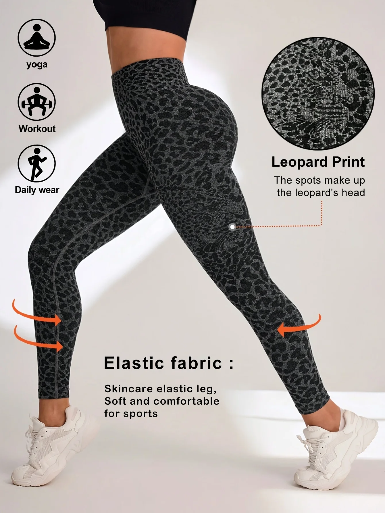 Women Mid‑Rise Fleece Lined Leggings Grey Leopard Print Slim Stretchy Warm Yoga Workout Pants