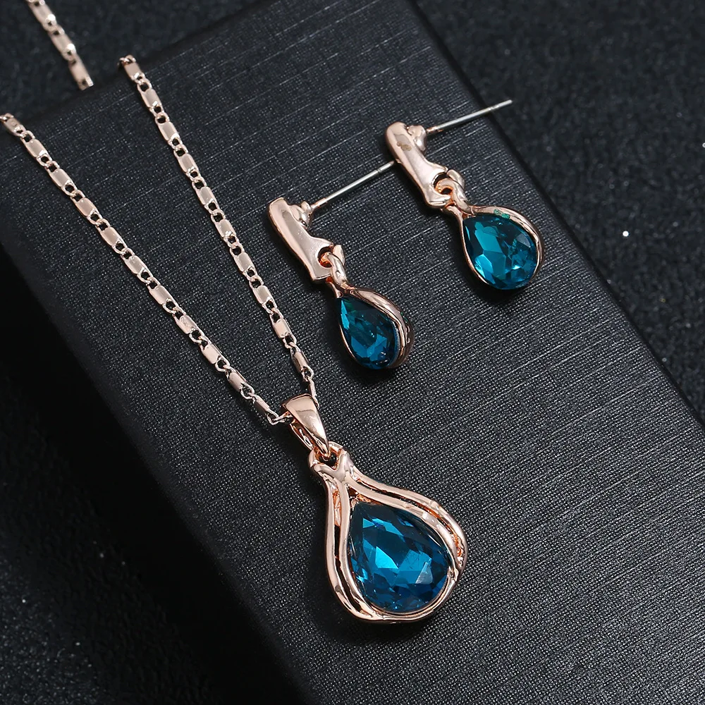 Fashion European and American Blue Zhihai Creative Geometric Wedding Earrings Necklace Set Women\'s Blue Green Water Drop Set