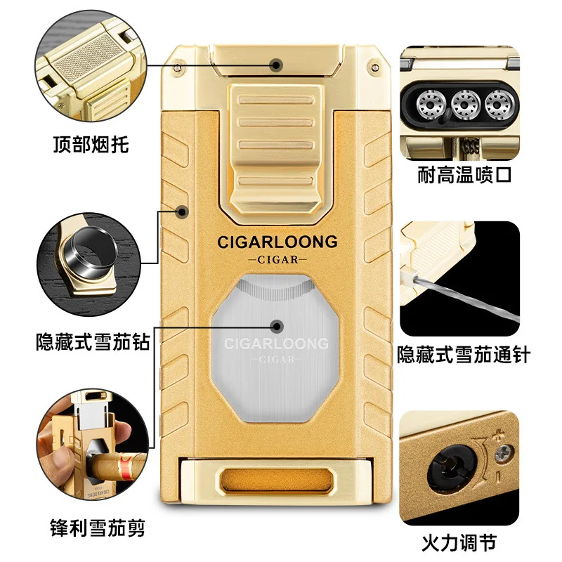 

Multifunctional 3-Flame Windproof Straight Cigar Lighter, Metal with Cigar Cutter High-End Exquisite Gift