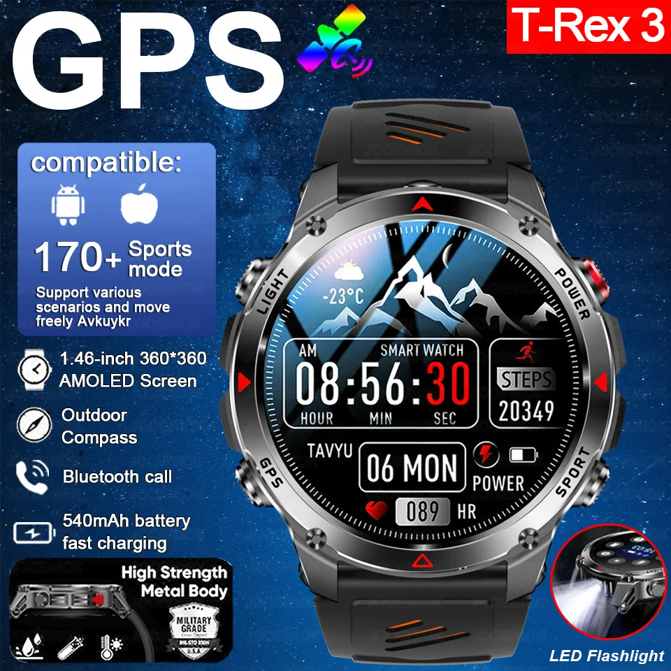 

Новые смарт-часы T-Rex3 Ultra 2026 года с GPS-трекером для мужчин, водонепроницаемость 5ATM, AMOLED-экран 1,46 дюйма, компас, альтиметр, спортивные функции, звонки по Bluetooth