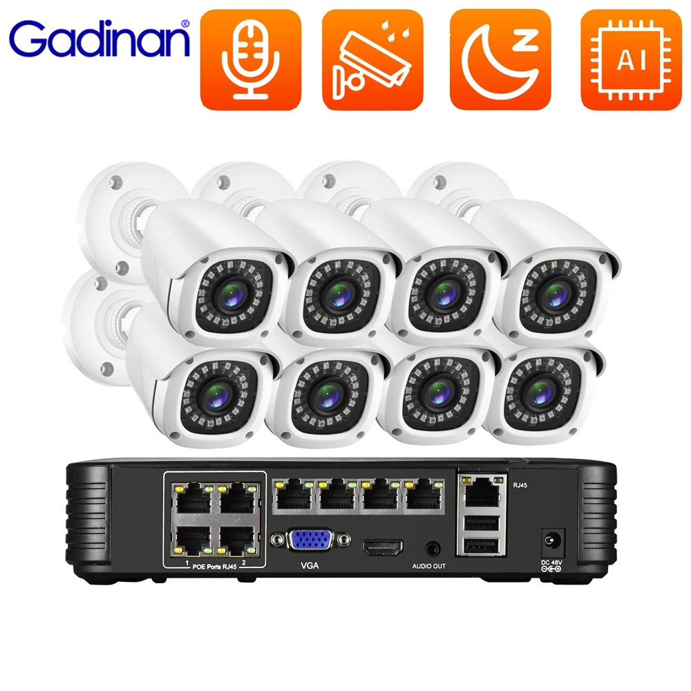 Gadinan Applicable to Home 4K 8MP 4CH 8CH NVR Kit Audio Record Outdoor CCTV Motion Detection IP camera Security Protection XMeye