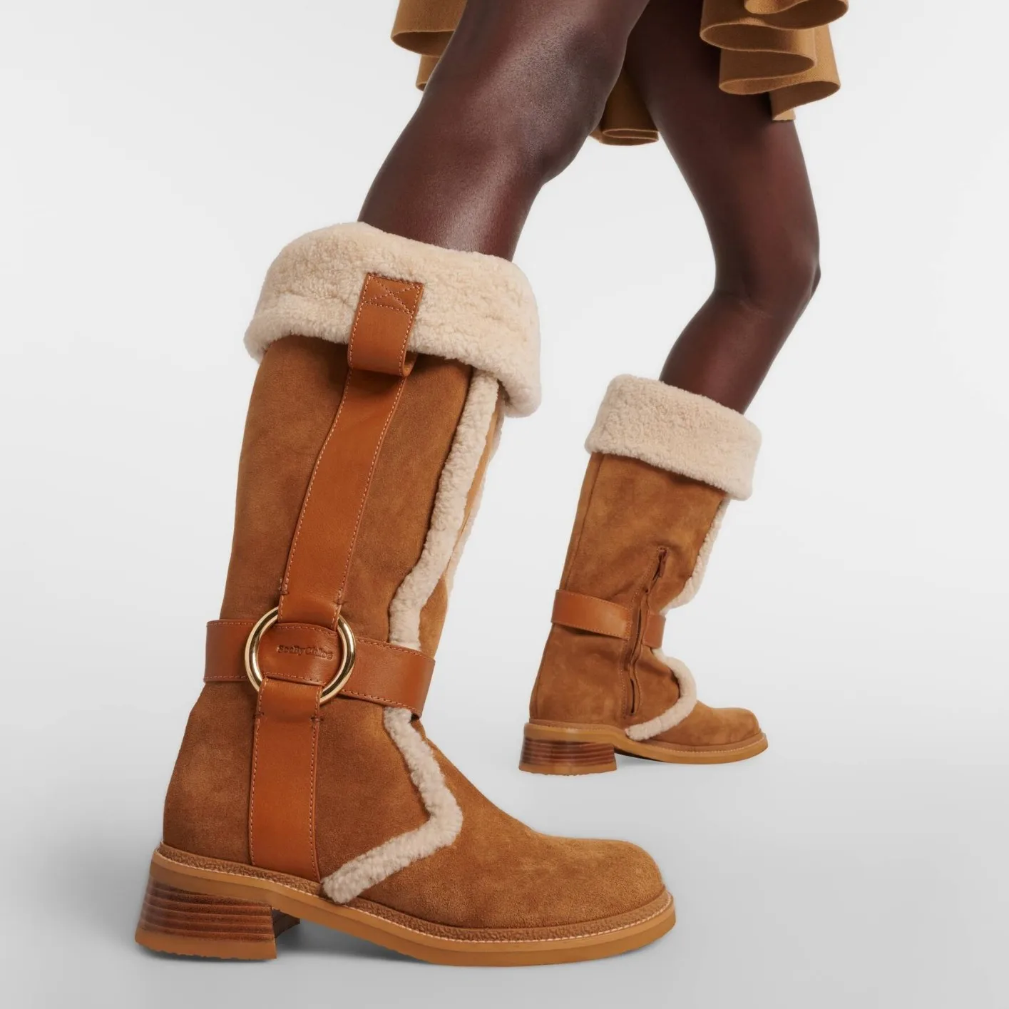 

Women's Suede Shearling-Lined Mid-Calf Boots Buckle Strap Cuffed Zipper Design Block Heel for Cozy Casual Winter Fashion Looks