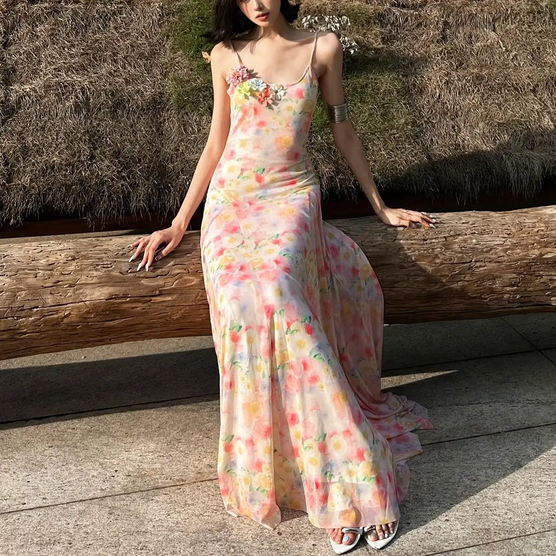Sommer Fre Blumendruck Lang Dr Damen Cross-Border Sle Trägerkleid mittlere Taille A-Linie Rock Keine Marke Europäische Sle