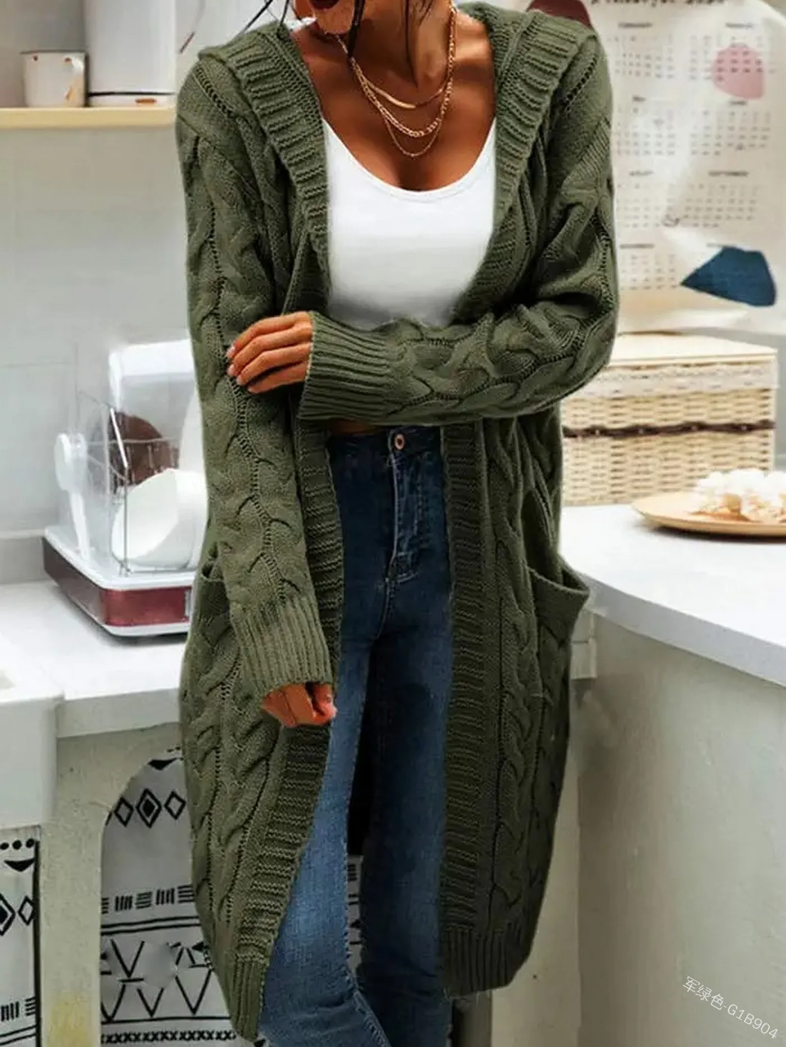 Hooded Twist Knitted Long Cardigan Solid Thick Pocket Sweater Women Casual Loose Autumn Winter Tops Fashion Streetwear Outfits