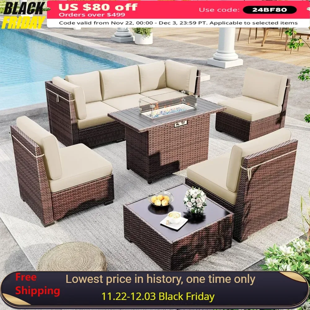 

Outdoor Patio Furniture Set with 44" Fire Pit Table 8 Pieces Rattan Patio Sectional Sofa Conversation Set, Coffee Table