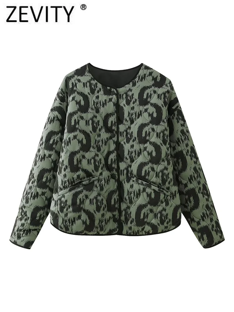 ZEVITY, nueva chaqueta acolchada de algodón con estampado de leopardo Vintage para mujer, abrigo para mujer con bolsillos de animales, prendas de vestir exteriores, Tops elegantes con botones CT5019