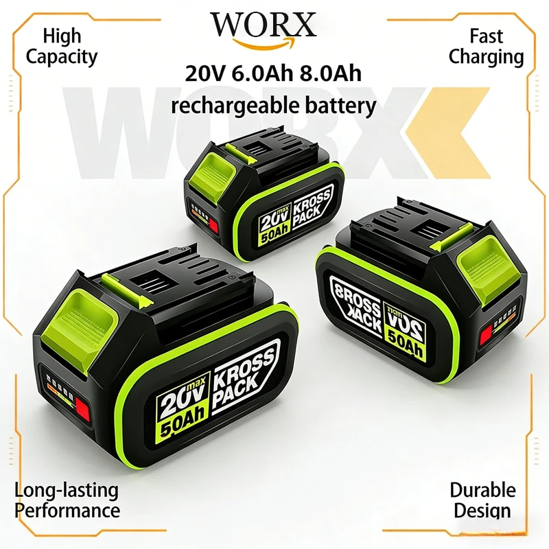 

Original WORX 20V 8.0Ah High Capacity Rechargeable Lithium-ion Battery Compatible with WA3551 WA3551.1 WA3553 WX373 Power Tools