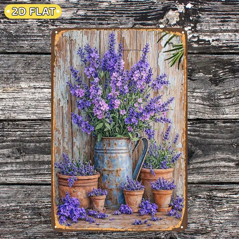 CIFBUY Rustic Lavender Blooming in Vintage Pot Aluminum Wall Art Waterproof Durable Decor for Home Room Dining Bar Door Garage
